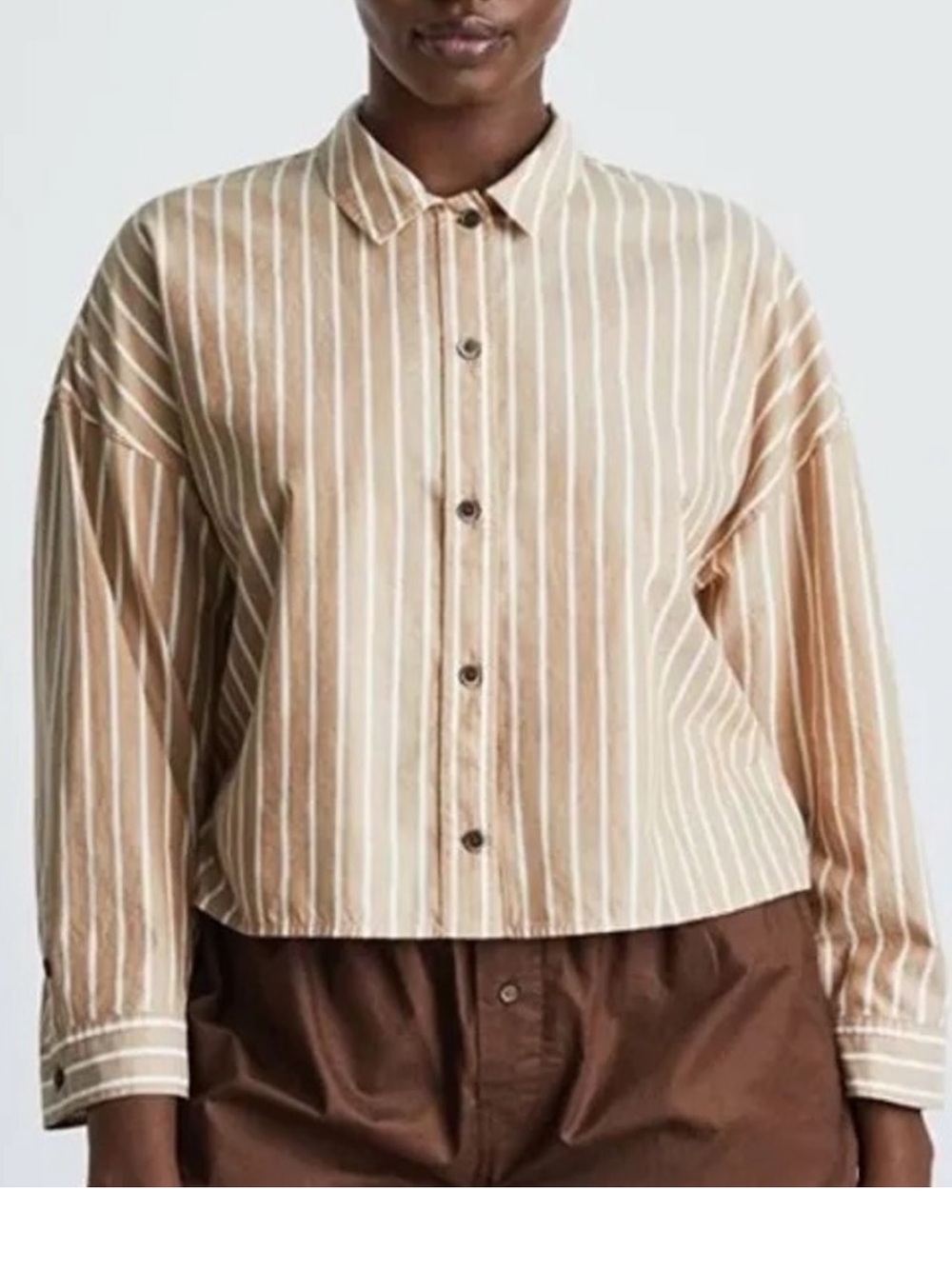Everlane Cropped Button-Down Shirt Size Small Oversized Stripe Tan White - Picture 1 of 9
